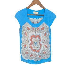 Anthropologie Moulinette Soeurs Blue Fonte Floral Print Silk Tee Shirt